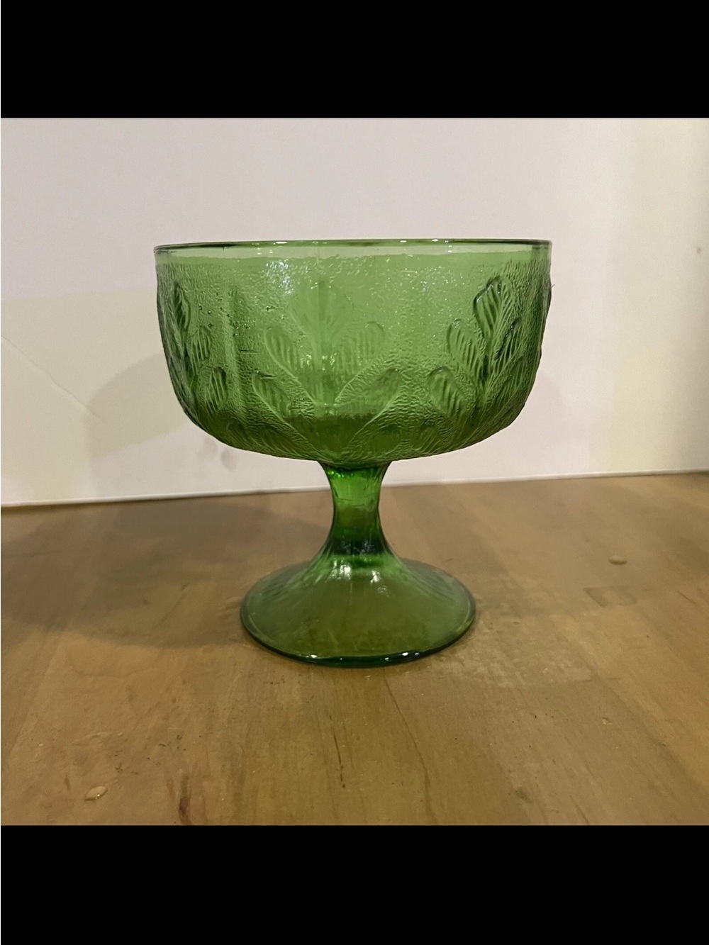 Vintage FTD 1970s Green Pedestal Glass Oak Leaf Goblet Glassware Footed Dish